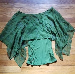 Anthropologie Green Boho Tank with Sheer Capelet
